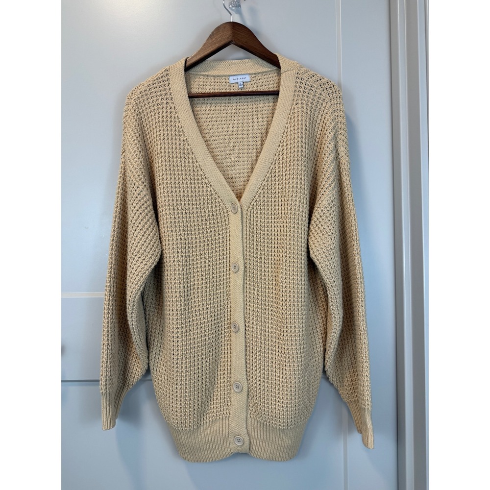 Qualfort Open Knit Fisherman Waffle Cardigan Sweater‎ Sz Large Beige Chunky Cozy